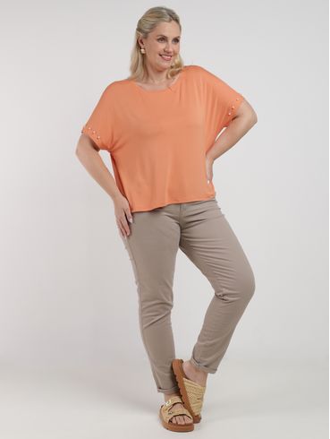 Blusa Manga Curta Com Pérolas Plus Size Feminina CORAL