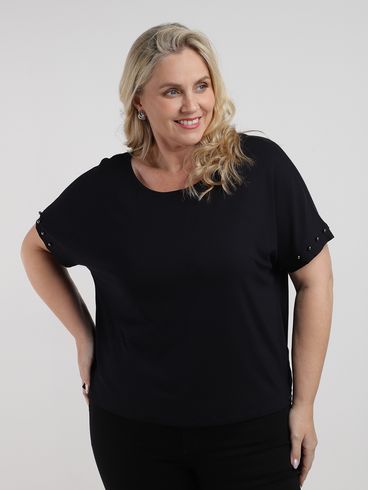 Blusa Manga Curta Com Pérolas Plus Size Feminina PRETO