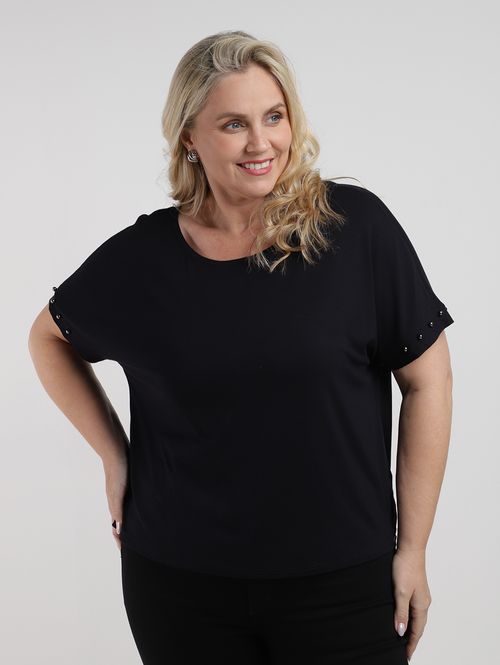 Blusa Manga Curta Com Pérolas Plus Size Feminina PRETO