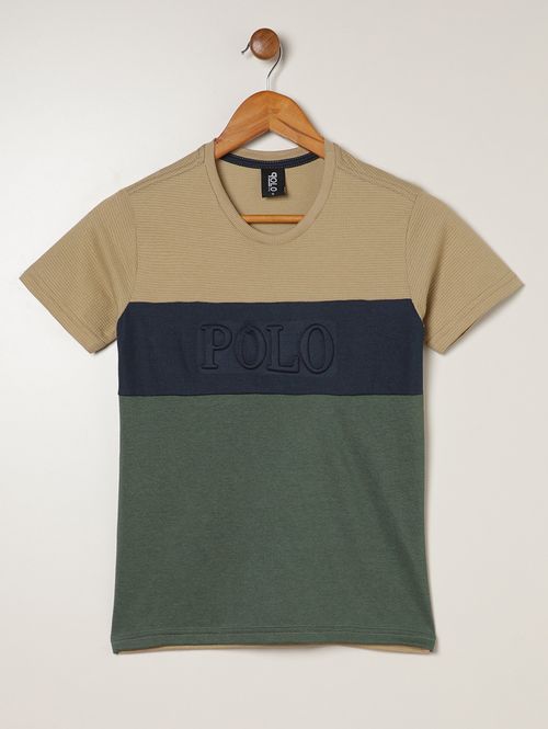 Camiseta Manga Curta Juvenil Para Menino - BEGE/MARINHO/VERDE