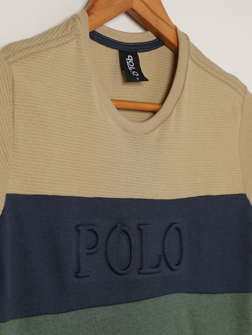 Camiseta Manga Curta Juvenil Para Menino - BEGE/MARINHO/VERDE