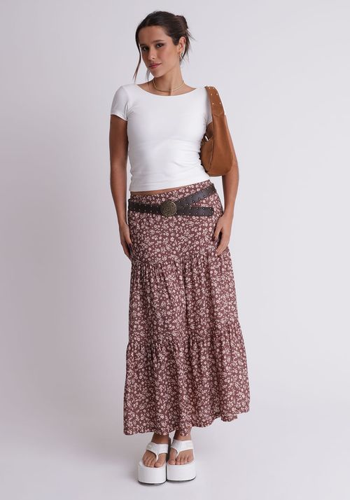 Saia midi estampada com babados Marias