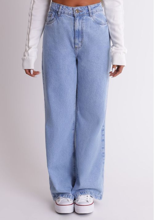 Calca jeans wide leg cintura alta