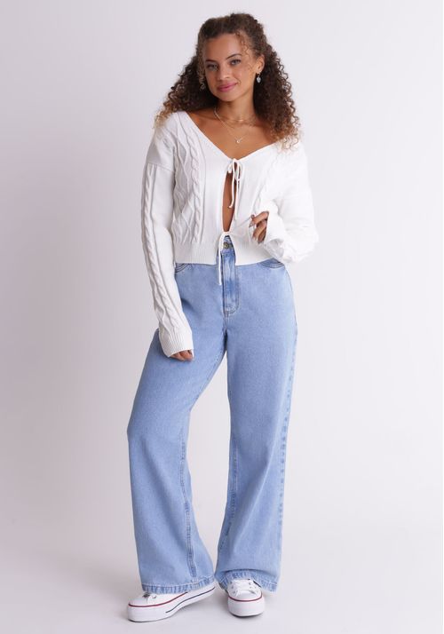 Calca jeans wide leg cintura alta
