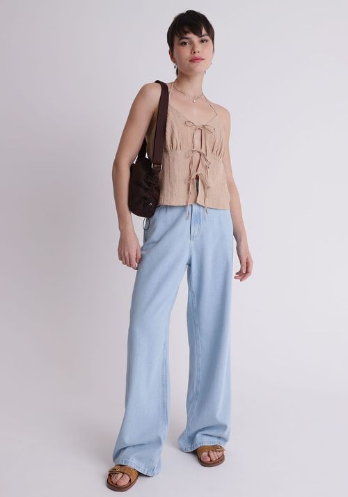 Calça jeans wide leg cintura alta