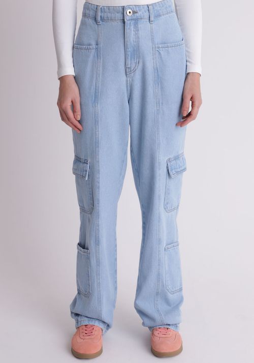 Calça jeans reta cintura alta cargo
