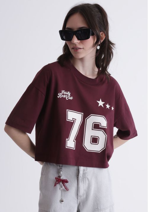 Camiseta Cropped Ampla com Estampa College 76