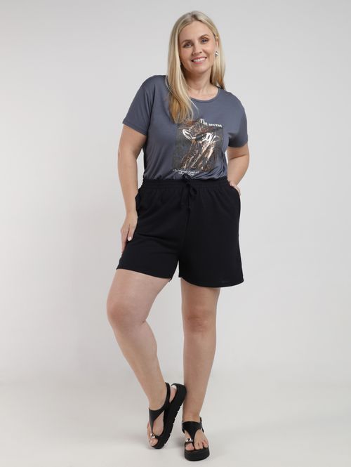Short Malha Crochê Plus Size Feminino PRETO