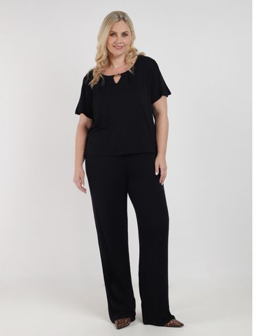 Calça Malha Wide Leg Autentique Plus Size Feminina PRETO