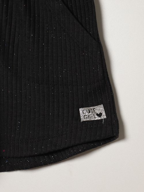 Short Canelado Com Glitter Juvenil Para Menina - PRETO