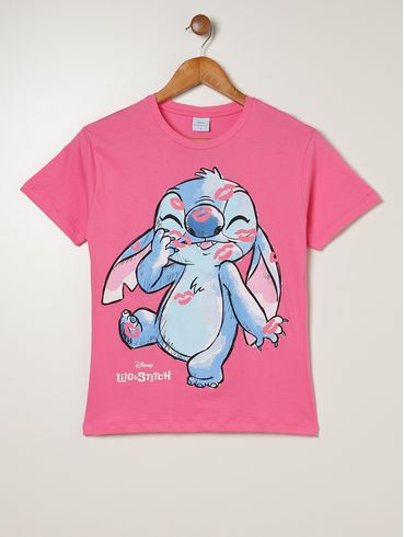 Blusa Manga Curta Stitch Juvenil Para Menina - ROSA