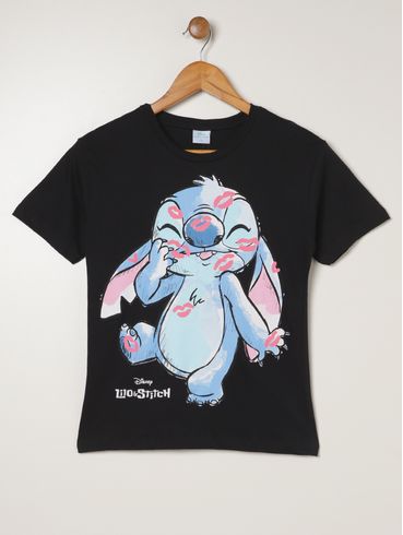 Blusa Manga Curta Stitch Juvenil Para Menina - PRETO