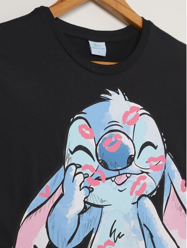 Blusa Manga Curta Stitch Juvenil Para Menina - PRETO