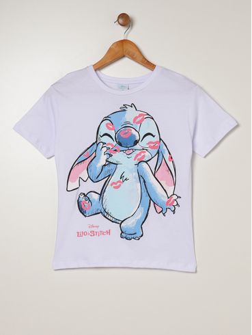 Blusa Manga Curta Stitch Juvenil Para Menina - BRANCO
