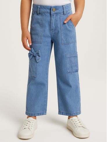 Calça Jeans Wide Leg Cargo Infantil Para Menina - AZUL