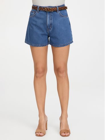 Short Jeans Mom Cinto Animal Print Feminino AZUL