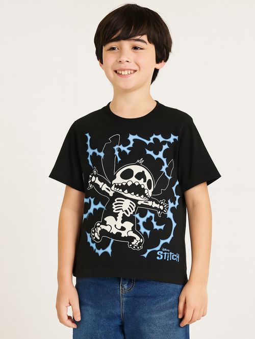 Camiseta Stitch Manga Curta Infantil Para Menino- PRETO