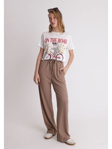 Calça wide leg com cós elástico