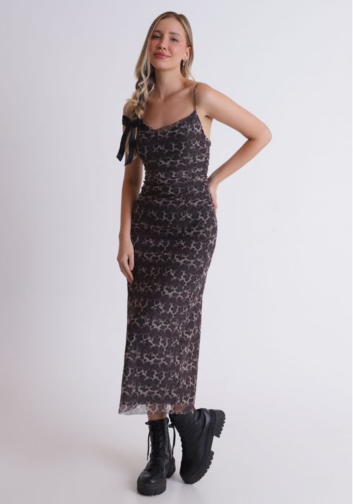 Vestido midi estampado em tule