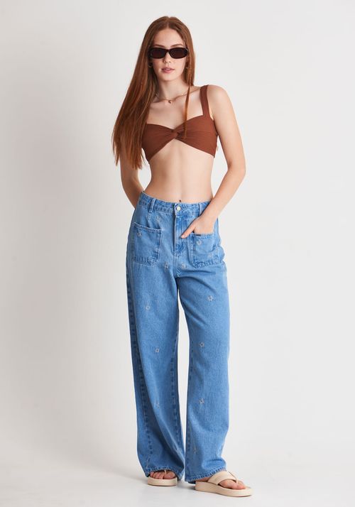 Calça jeans wide leg estampa sol