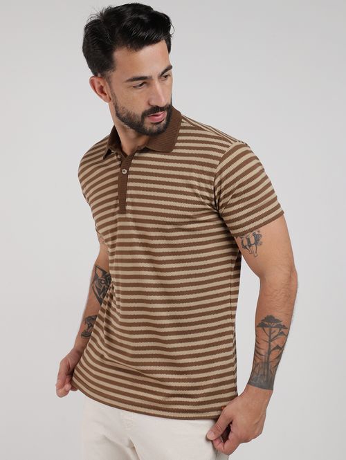 Polo Manga Curta Listrada Masculina MARROM