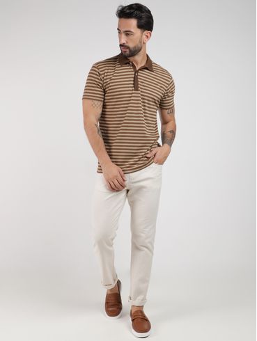 Polo Manga Curta Listrada Masculina MARROM