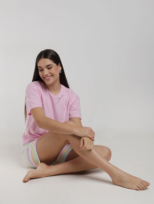 Pijama Curto Algodão Listrado Feminino ROSA CLARO