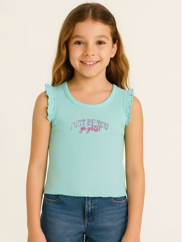 Blusa Manga Curta Canelada Infantil Para Menina - VERDE