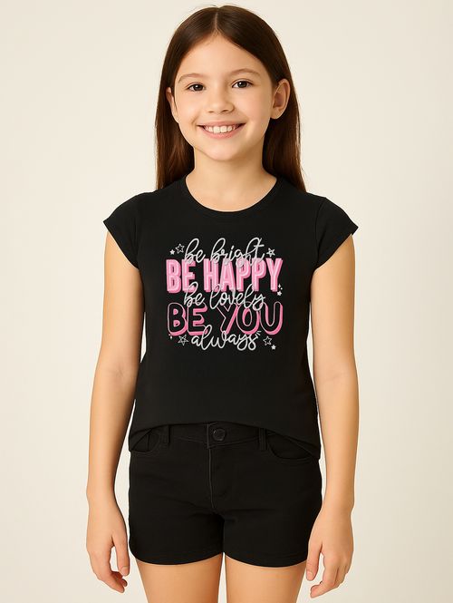 Blusa Cotton Manga Curta Juvenil Para Menina - PRETO