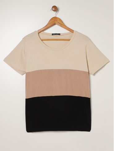 Blusa Manga Curta Plus Size Feminina PRETO/AREIA/BEGE