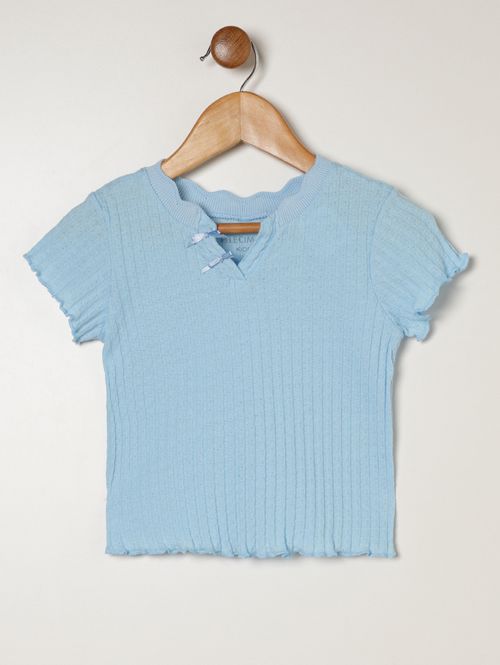 Blusa Manga Curta Canelada Infantil Para Menina - AZUL