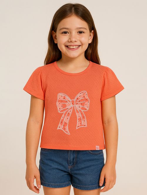 Blusa Malha Manga Curta Juvenil Para Menina- CORAL
