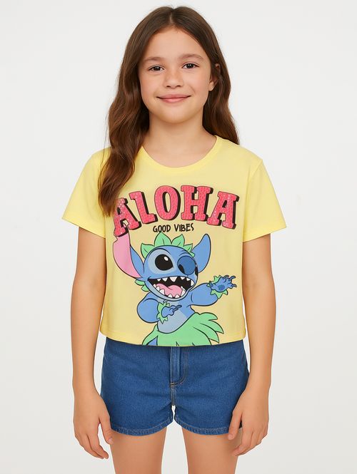Blusa Cropped Stitch Disney Juvenil Para Menina- AMARELO