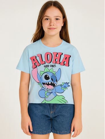 Blusa Cropped Stitch Disney Juvenil Para Menina- AZUL