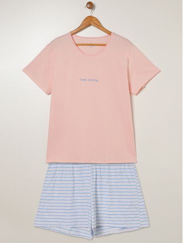 Pijama Curto Listrado Plus Size Feminino ROSA CLARO