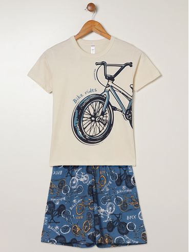 Pijama+Fronha Algodão Juvenil Para Menino - BEGE/AZUL