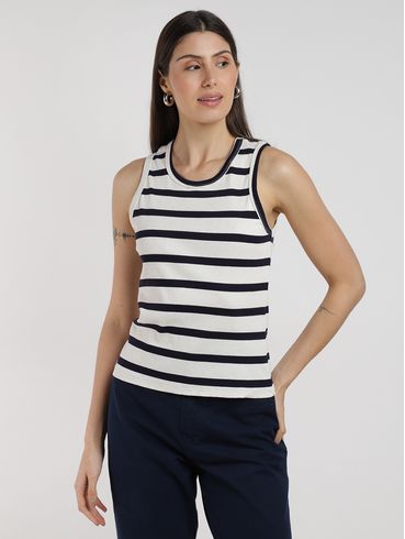 Blusa Linho Listrada Sem Manga Autentique Feminina MARINHO