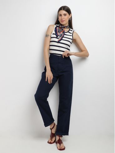 Blusa Linho Listrada Sem Manga Autentique Feminina MARINHO