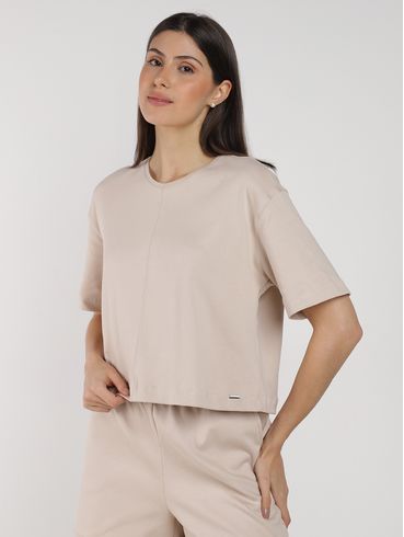 Blusa Malha Ponto Roma Manga Curta Feminina AREIA