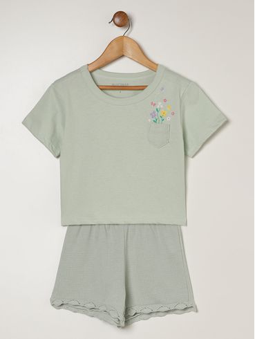 Conjunto Curto Malha Infantil Para Menina  - VERDE