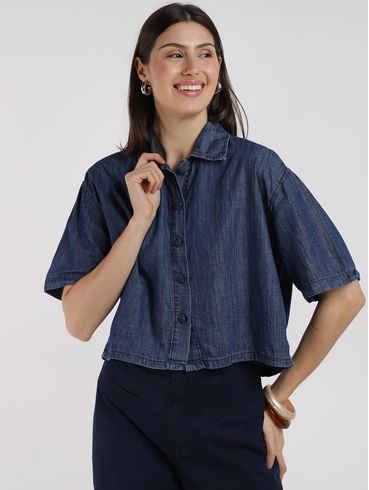 Camisa Jeans Cropped Feminina AZUL