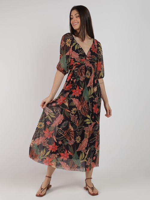 Vestido Tule Longo Estampado Autentique Feminino PRETO