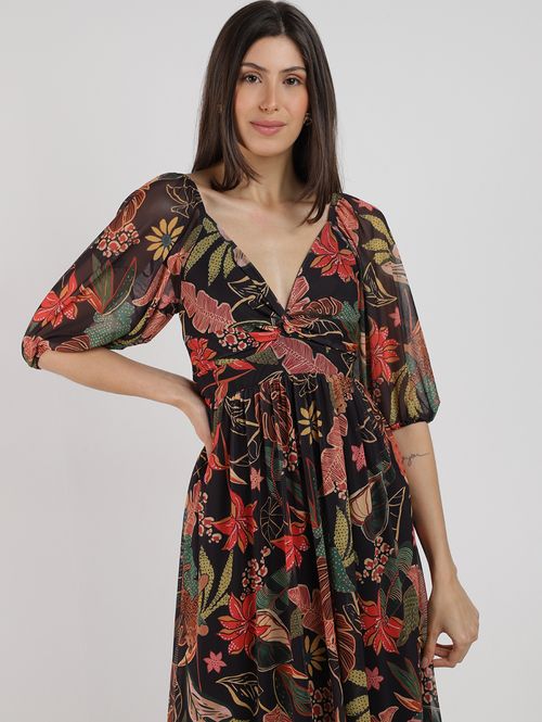 Vestido Tule Longo Estampado Autentique Feminino PRETO