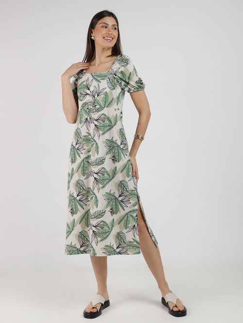 Vestido Manga Bufante Estampado Feminino VERDE