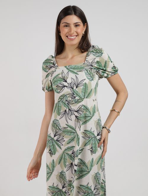 Vestido Manga Bufante Estampado Feminino VERDE