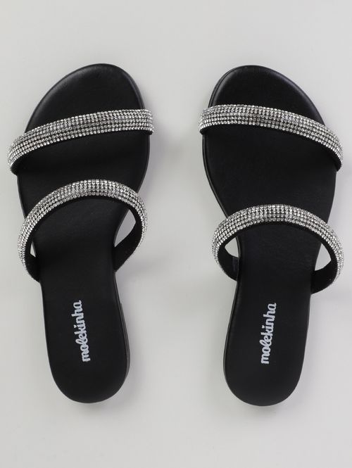 Rasteira Brilhosa Molekinha Juvenil Para Menina- PRETO/PRATA