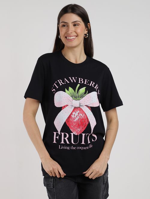 Blusa Meia Malha Morango Com Brilho Feminina PRETO