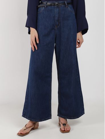 Calça Jeans Wide Leg Com Cinto Pisom Feminina AZUL