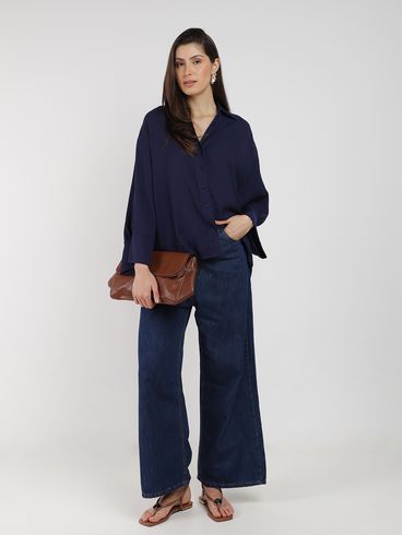 Calça Jeans Wide Leg Com Cinto Pisom Feminina AZUL