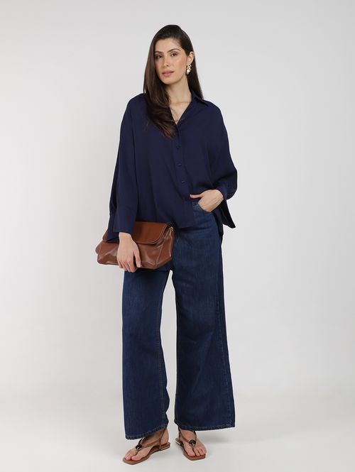 Calça Jeans Wide Leg Com Cinto Pisom Feminina AZUL